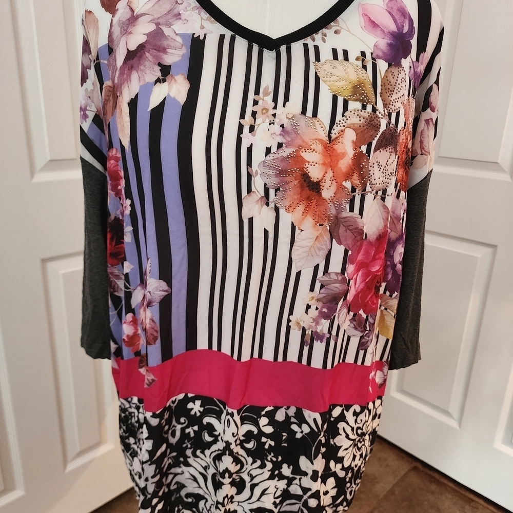 CJ Banks Floral and Striped Blouse - Pink, Purple, Black